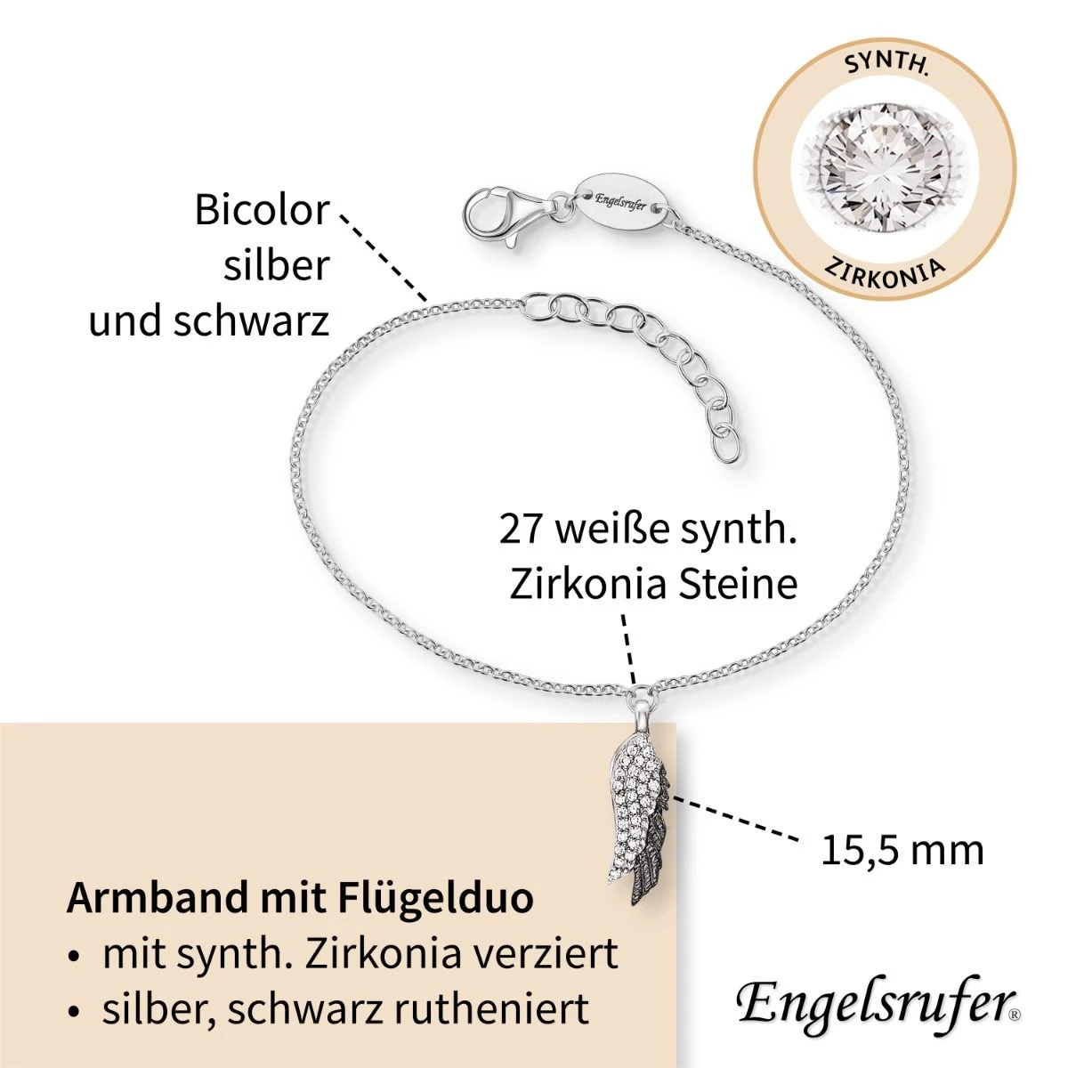 Engelsrufer Damen Armband mit Anhänger Flügel Duo mit Zirkonia silber und schwarz Engelsrufer Damen Armband Mit Anhänger Flügel Duo Mit Zirkonia Silber Und Schwarz -Engelsrufer Kette Verkäufe erb wingduo zi bib4